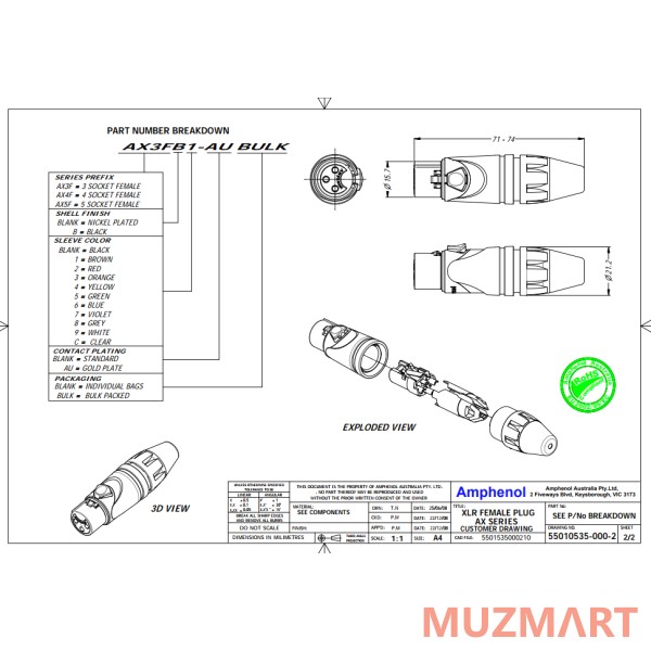 Amphenol AX3FB Соединитель XLR 3F