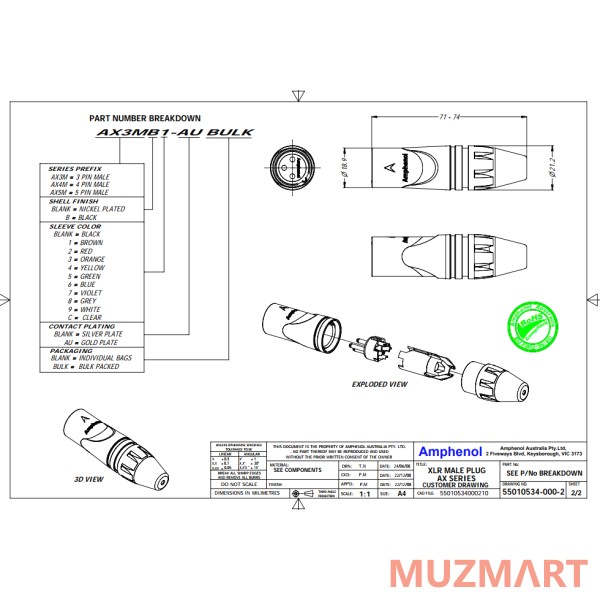Amphenol AX3MB Разъем XLR кабельный папа