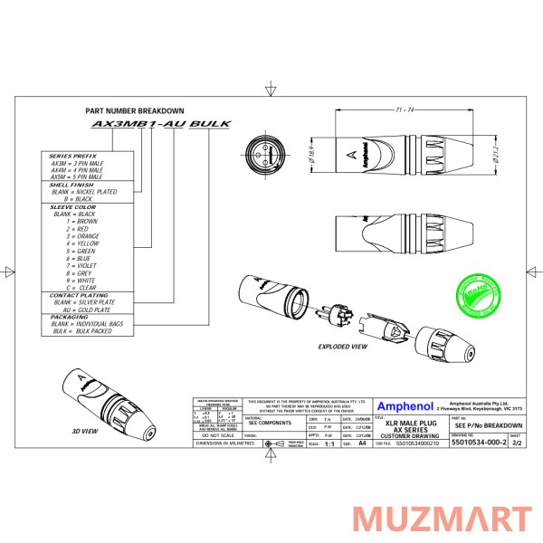 Amphenol AX5M Разъем XLR кабельный папа , 5 контактов