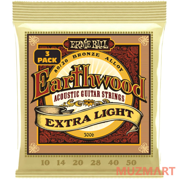 Ernie Ball 3006 Earthwood 80/20 Bronze Extra Light 3 Pack 10-50 Струны для акустической гитары, 3 комплекта