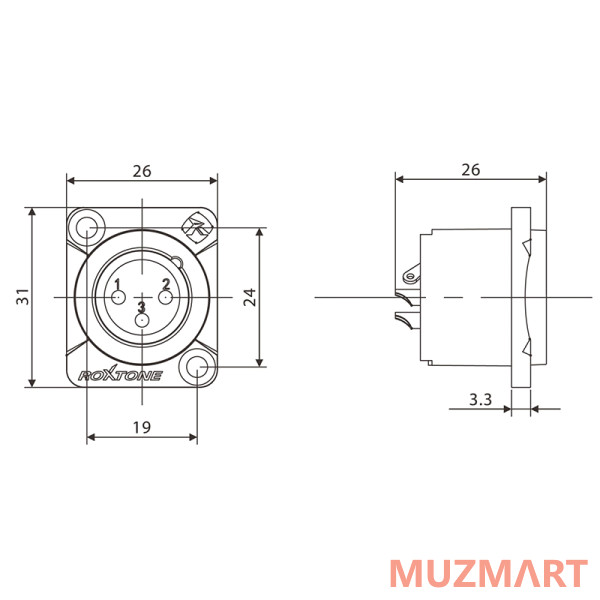 Roxtone RX3MDWP-NG Разъем cannon (XLR) панельный, IP65, папа 3-х контактный